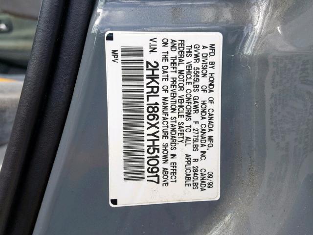 2HKRL186XYH510917 - 2000 HONDA ODYSSEY EX GRAY photo 10