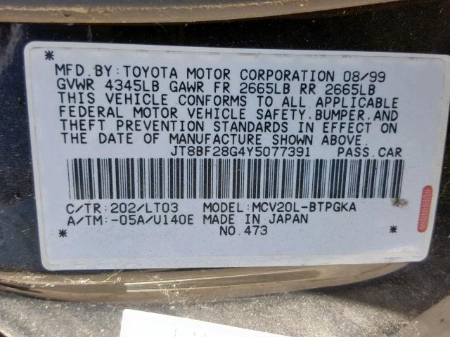 JT8BF28G4Y5077391 - 2000 LEXUS ES 300 BLACK photo 10