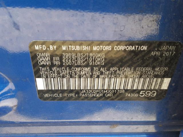 JA32U2FU1HU011708 - 2017 MITSUBISHI LANCER ES BLUE photo 10