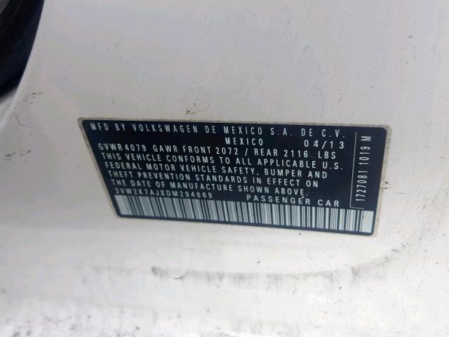 3VW2K7AJXDM294669 - 2013 VOLKSWAGEN JETTA BASE Սպիտակ լուսանկար 10