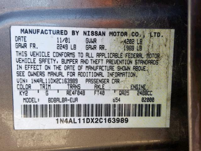 1N4AL11DX2C163989 - 2002 NISSAN ALTIMA BAS BROWN photo 10