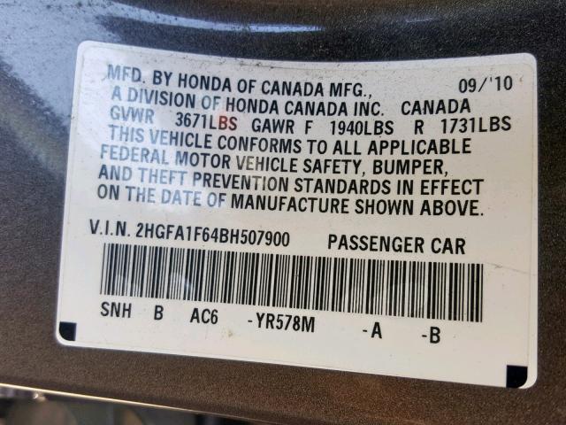 2HGFA1F64BH507900 - 2011 HONDA CIVIC LX-S فحمي صورة 10