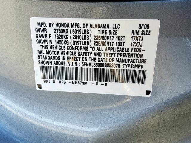 5FNRL38998B052078 - 2008 HONDA ODYSSEY TO BLUE photo 10