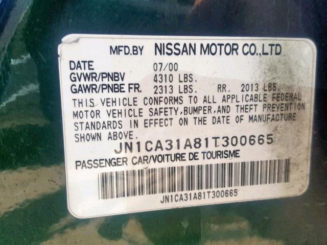 JN1CA31A81T300665 - 2001 NISSAN MAXIMA GXE GREEN photo 10