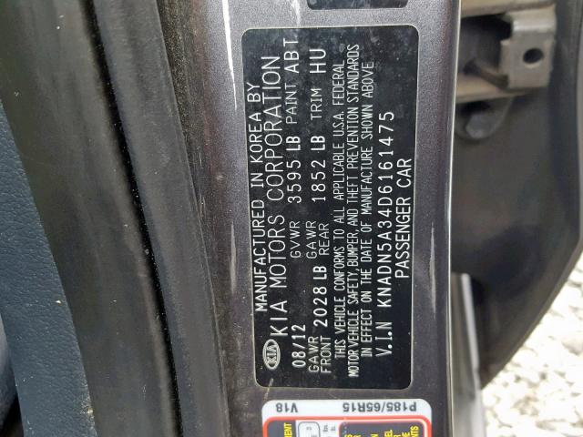 KNADN5A34D6161475 - 2013 KIA RIO EX GRAY photo 10