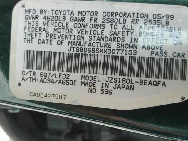 JT8BD68SXX0077103 - 1999 LEXUS GS 300 GREEN photo 10