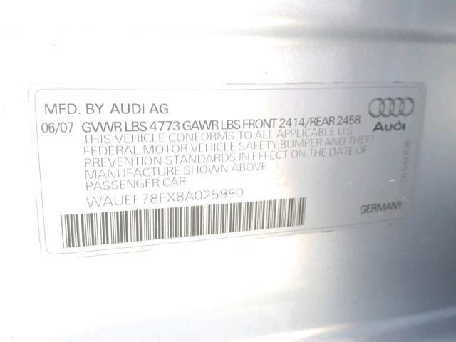 WAUEF78EX8A025990 - 2008 AUDI A4 S-LINE SILVER photo 10