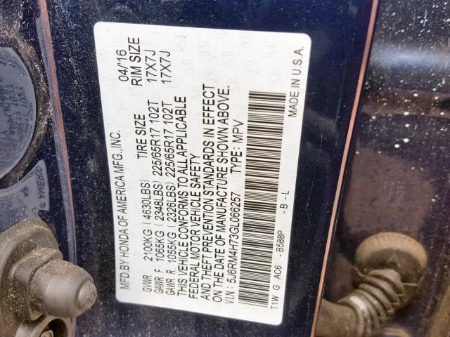 5J6RM4H73GL066257 - 2016 HONDA CR-V EXL BLUE photo 10