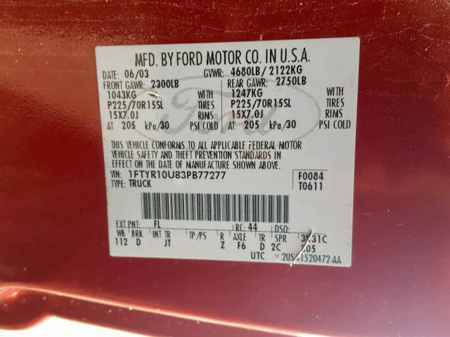 1FTYR10U83PB77277 - 2003 FORD RANGER RED photo 10