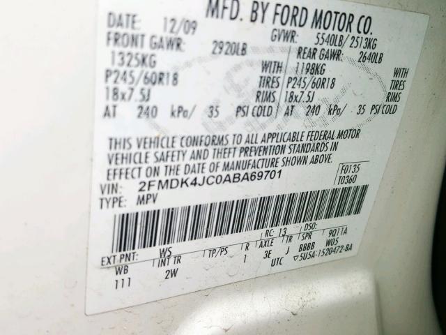 2FMDK4JC0ABA69701 - 2010 FORD EDGE SEL WHITE photo 10