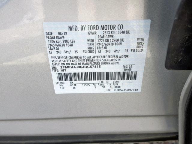 2FMPK4J96JBC57415 - 2018 FORD EDGE SEL SILVER photo 10