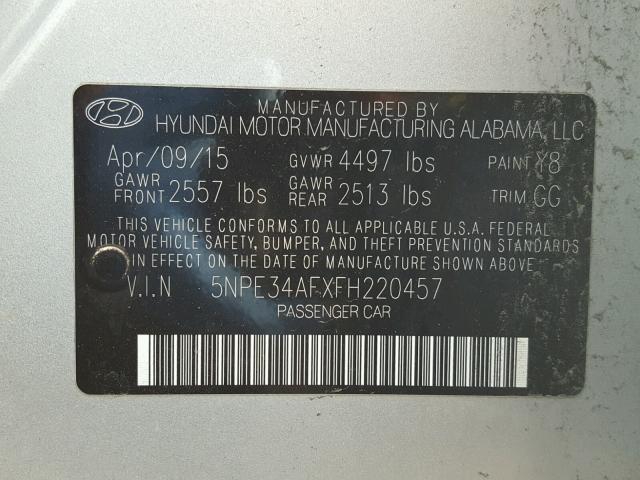 5NPE34AFXFH220457 - 2015 HYUNDAI SONATA SPO SILVER photo 10