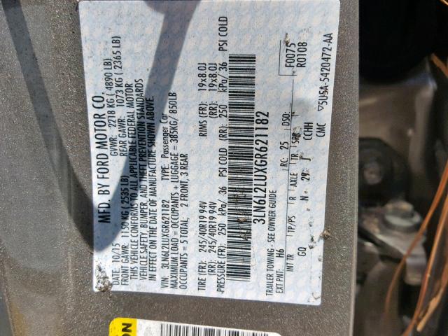 3LN6L2LUXGR621182 - 2016 LINCOLN MKZ HYBRID GRAY photo 10