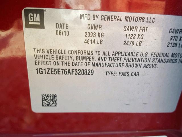 1G1ZE5E76AF320829 - 2010 CHEVROLET MALIBU LTZ მუქწითელი ფოტო 10