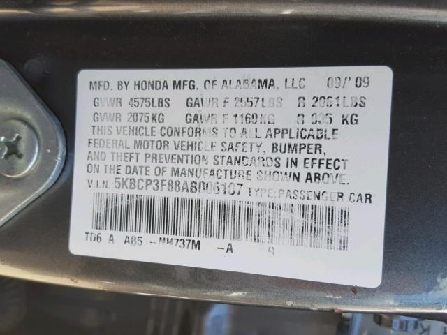 5KBCP3F88AB006107 - 2010 HONDA ACCORD EXL GRAY photo 10