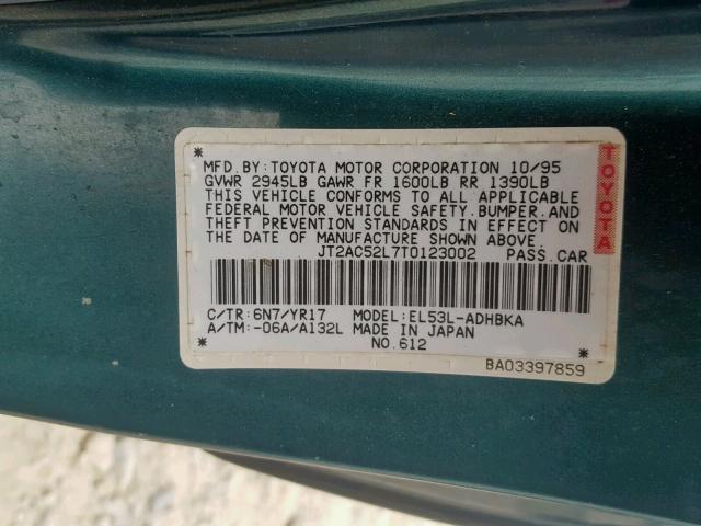 JT2AC52L7T0123002 - 1996 TOYOTA TERCEL STD GREEN photo 10