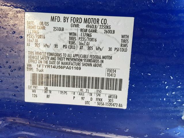 1FTYR14U56PA01169 - 2006 FORD RANGER SUP BLUE photo 10
