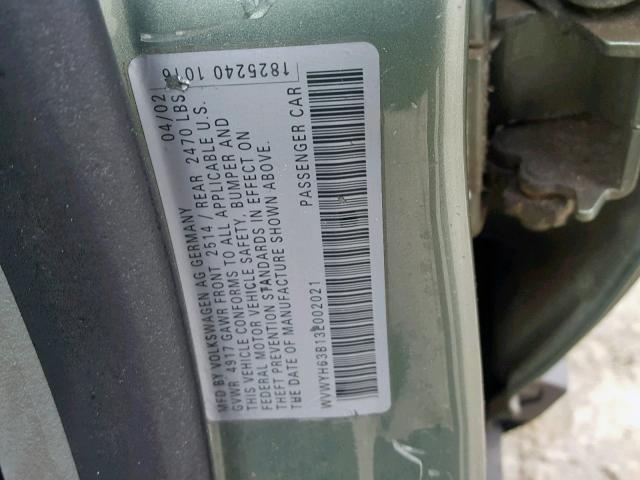 WVWYH63B13E002021 - 2003 VOLKSWAGEN PASSAT GLX GREEN photo 10