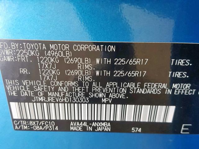 JTMRJREV6HD130303 - 2017 TOYOTA RAV4 HV LE BLUE photo 10