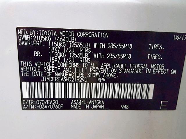 JTMDFREV3HD219290 - 2017 TOYOTA RAV4 LIMIT WHITE photo 10