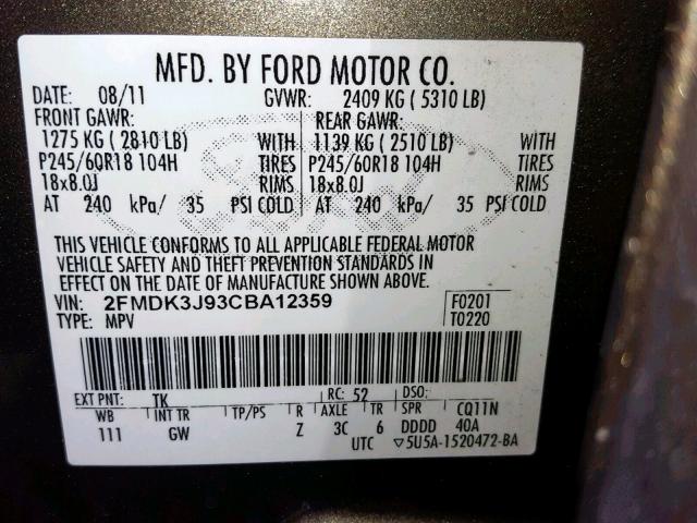 2FMDK3J93CBA12359 - 2012 FORD EDGE SEL BROWN photo 10