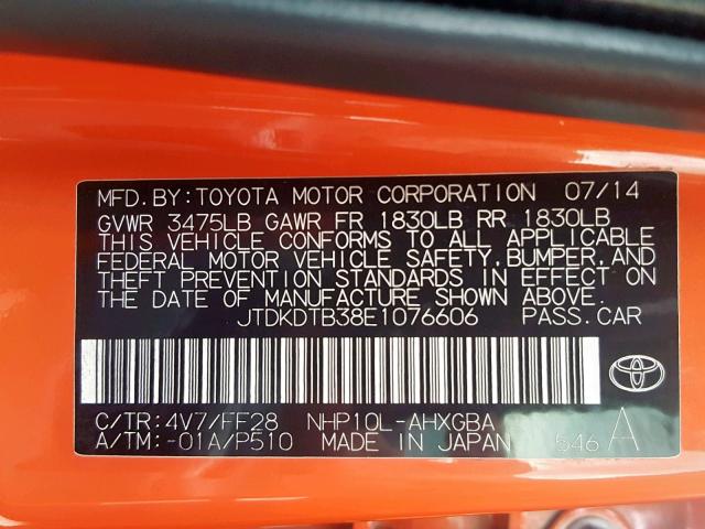 JTDKDTB38E1076606 - 2014 TOYOTA PRIUS C ORANGE photo 10