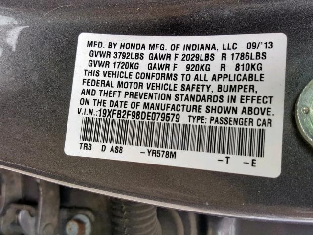 19XFB2F98DE079579 - 2013 HONDA CIVIC EXL GRAY photo 10