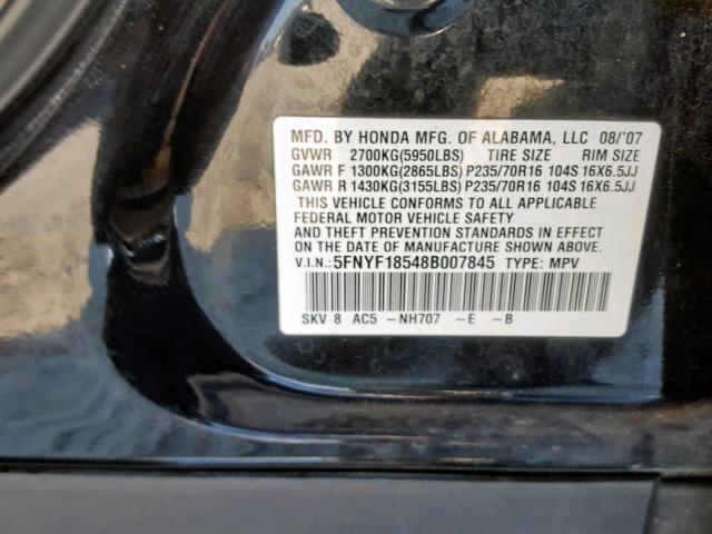 5FNYF18548B007845 - 2008 HONDA PILOT EXL BLACK photo 10