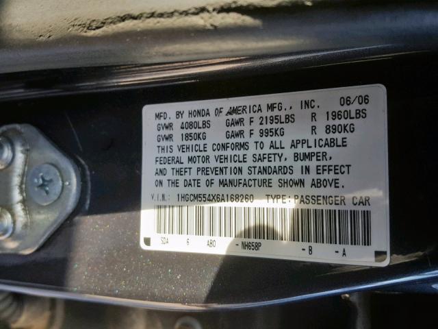 1HGCM554X6A168260 - 2006 HONDA ACCORD LX GRAY photo 10