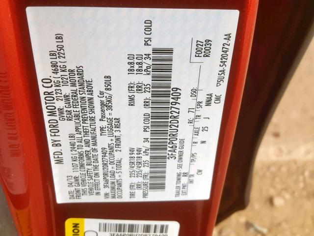 3FA6P0RU2DR279409 - 2013 FORD FUSION TIT RED photo 10