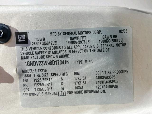 1GNDV23W98D170416 - 2008 CHEVROLET UPLANDER L 银色 照片 10