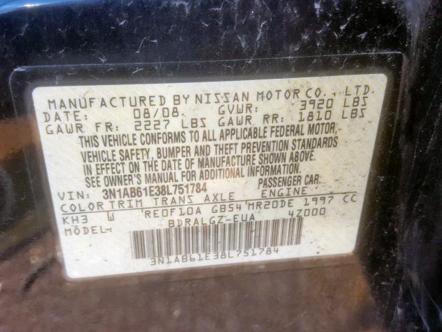 3N1AB61E38L751784 - 2008 NISSAN SENTRA 2.0 BLACK photo 10