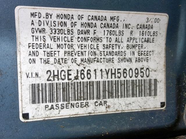 2HGEJ6611YH560950 - 2000 HONDA CIVIC BASE BLUE photo 10