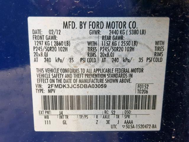 2FMDK3JC5DBA03059 - 2013 FORD EDGE SEL BLUE photo 10