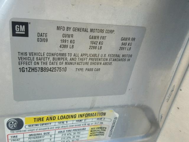 1G1ZH57B894257510 - 2009 CHEVROLET MALIBU 1LT 银色 照片 10