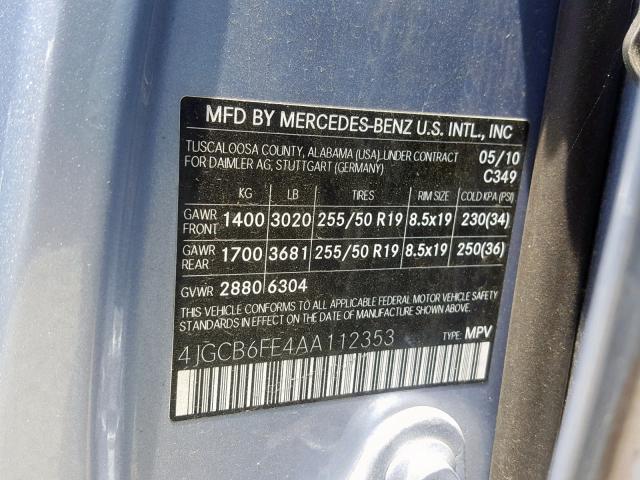 4JGCB6FE4AA112353 - 2010 MERCEDES-BENZ R 350 4MAT BLUE photo 10