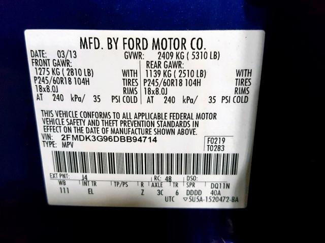 2FMDK3G96DBB94714 - 2013 FORD EDGE SE BLUE photo 10