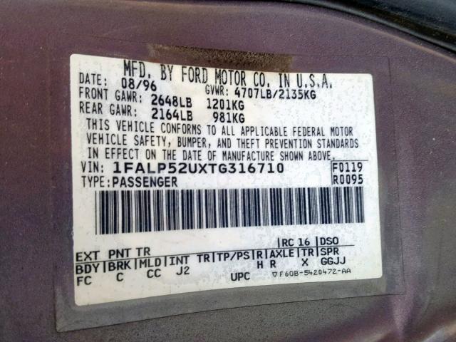 1FALP52UXTG316710 - 1996 FORD TAURUS GL GRAY photo 10