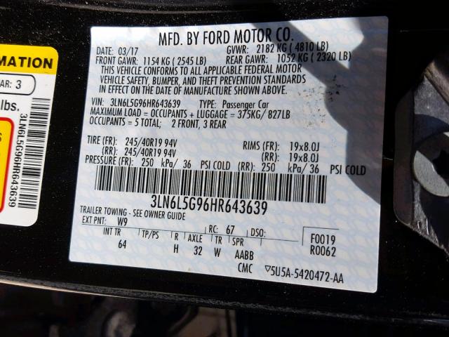 3LN6L5G96HR643639 - 2017 LINCOLN MKZ BLACK BLACK photo 10