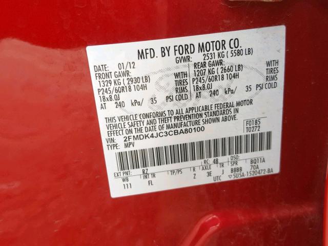 2FMDK4JC3CBA80100 - 2012 FORD EDGE SEL RED photo 10