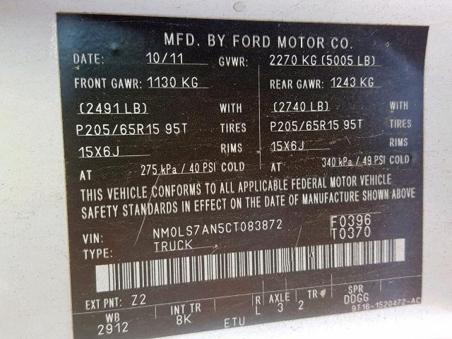 NM0LS7AN5CT083872 - 2012 FORD TRANSIT CO WHITE photo 10