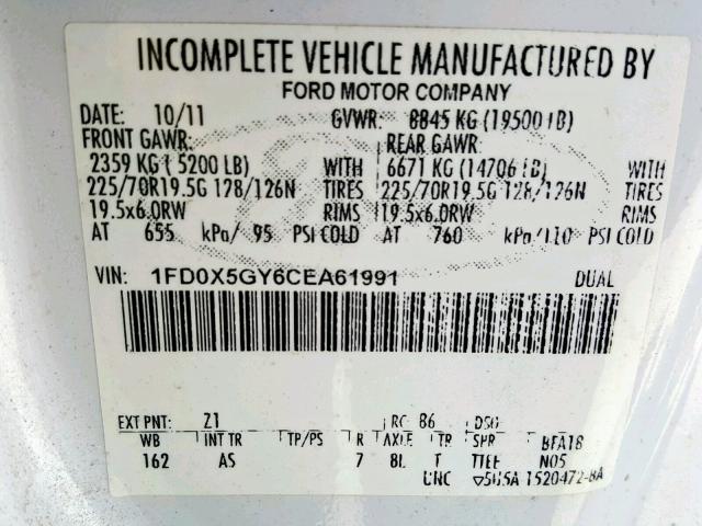 1FD0X5GY6CEA61991 - 2012 FORD F550 SUPER WHITE photo 10