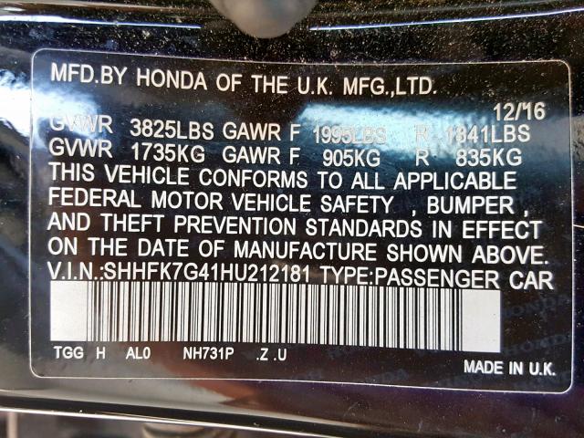 SHHFK7G41HU212181 - 2017 HONDA CIVIC SPOR BLACK photo 10