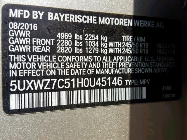 5UXWZ7C51H0U45146 - 2017 BMW X3 SDRIVE2 GOLD photo 10