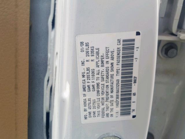 1HGCP36818A032549 - 2008 HONDA ACCORD EXL WHITE photo 10