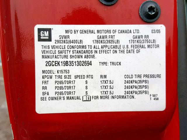 2GCEK19B351302694 - 2005 CHEVROLET SILVERADO RED photo 10