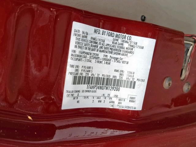 1FAHP34N07W129200 - 2007 FORD FOCUS ZX4 BURGUNDY photo 10