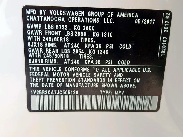 1V2BR2CA7JC505126 - 2018 VOLKSWAGEN ATLAS WHITE photo 10