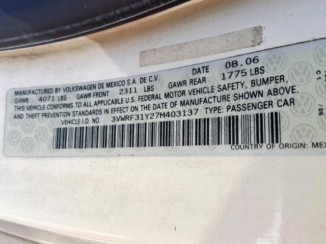 3VWRF31Y27M403137 - 2007 VOLKSWAGEN NEW BEETLE Bej foto 10