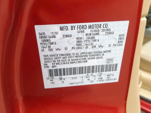 1FMCU93Z38KC80198 - 2008 FORD ESCAPE XLT RED photo 10